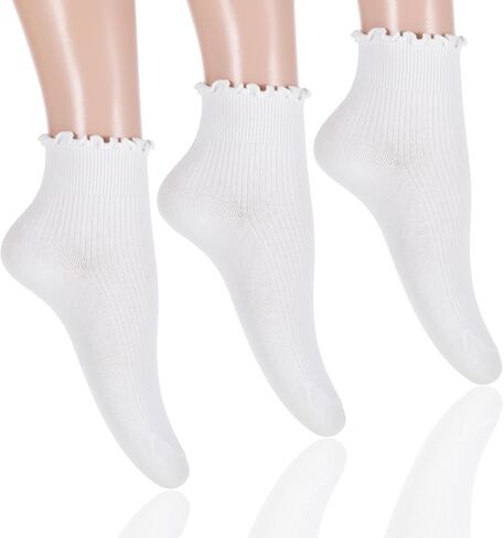 3 أزواج من الجوارب الأنبوبية البيضاء، جوارب كاحل مكشكشة للنساء، جورب دائري لطيف كاجوال من القطن الناعم القابل للتنفس، جورب دائري ناعم ودافئ in Kuwait
