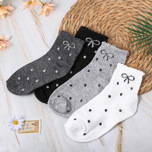 4 Pairs Bow Socks Women, Cute Ruffle Polka Dot Socks Soft Breathable Coquette Crew Socks for Women Girls in Kuwait