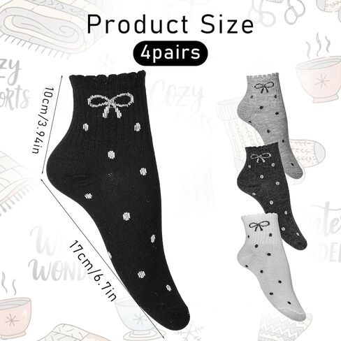 4 Pairs Bow Socks Women, Cute Ruffle Polka Dot Socks Soft Breathable Coquette Crew Socks for Women Girls in Kuwait