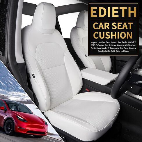 أغطية مقاعد من جلد نابا الأبيض الفاخر لسيارة Tesla Model Y Refreshed Facelift Juniper 2025 2026، مجموعة كاملة مخصصة، وسادة هوائية وحزام الأمان متوافقة، تتضمن أدوات التثبيت - أبيض in Kuwait