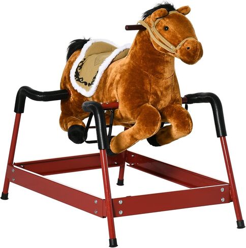Qaba Kids Spring Rocking Horse, Ride on Horse for Girls and Boys with Animal Sounds, Plush Horse Ride-on with Soft Feel, Interactive Toy for Kids in Kuwait