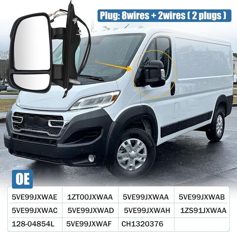 Left Driver Side Mirror Compatible with Dodge Ram Promaster 1500 2500 3500 2014-2024 Power Adj Glass Heated Manual Folding Temperature Sensor Turn Signal 5VE99JXWAH CH1320376, 8 PINS + 2 PINS in Kuwait