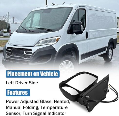 Left Driver Side Mirror Compatible with Dodge Ram Promaster 1500 2500 3500 2014-2024 Power Adj Glass Heated Manual Folding Temperature Sensor Turn Signal 5VE99JXWAH CH1320376, 8 PINS + 2 PINS in Kuwait