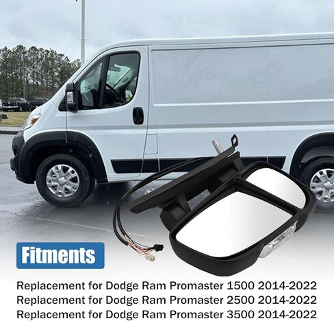 Left Driver Side Mirror Compatible with Dodge Ram Promaster 1500 2500 3500 2014-2024 Power Adj Glass Heated Manual Folding Temperature Sensor Turn Signal 5VE99JXWAH CH1320376, 8 PINS + 2 PINS in Kuwait