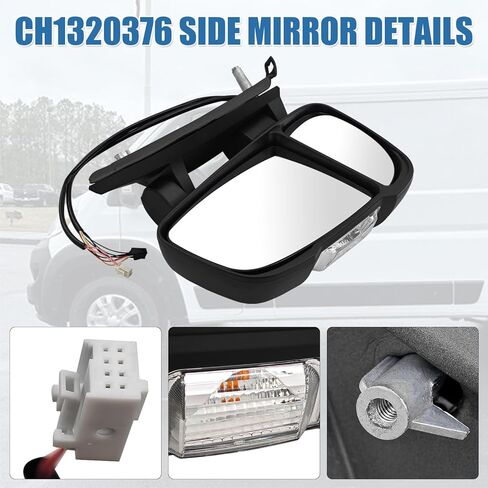 Left Driver Side Mirror Compatible with Dodge Ram Promaster 1500 2500 3500 2014-2024 Power Adj Glass Heated Manual Folding Temperature Sensor Turn Signal 5VE99JXWAH CH1320376, 8 PINS + 2 PINS in Kuwait