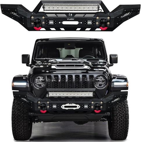 متوافق مع 2007-2025 Wrangler JK/JL 2/4 باب كامل العرض المصد الأمامي مصنوع من الفولاذ الأسود مع ضوء وحلقة على شكل حرف D in Kuwait