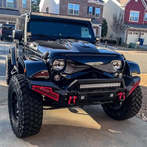 متوافق مع 2007-2025 Wrangler JK/JL 2/4 باب كامل العرض المصد الأمامي مصنوع من الفولاذ الأسود مع ضوء وحلقة على شكل حرف D in Kuwait