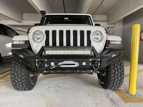 متوافق مع 2007-2025 Wrangler JK/JL 2/4 باب كامل العرض المصد الأمامي مصنوع من الفولاذ الأسود مع ضوء وحلقة على شكل حرف D in Kuwait
