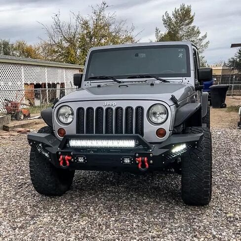 متوافق مع 2007-2025 Wrangler JK/JL 2/4 باب كامل العرض المصد الأمامي مصنوع من الفولاذ الأسود مع ضوء وحلقة على شكل حرف D in Kuwait