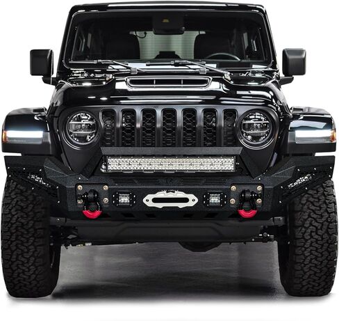 متوافق مع 2007-2025 Wrangler JK/JL 2/4 باب كامل العرض المصد الأمامي مصنوع من الفولاذ الأسود مع ضوء وحلقة على شكل حرف D in Kuwait