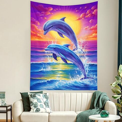 Buyidec Painting Two Dolphins Jumping Water Tapestry Wall Hanging Art Deco Tapestries for Bedroom Living Room Dorm in Saudi Arabia