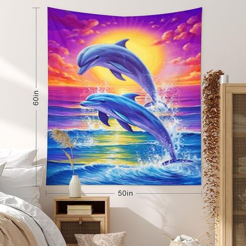 Buyidec Painting Two Dolphins Jumping Water Tapestry Wall Hanging Art Deco Tapestries for Bedroom Living Room Dorm in Saudi Arabia