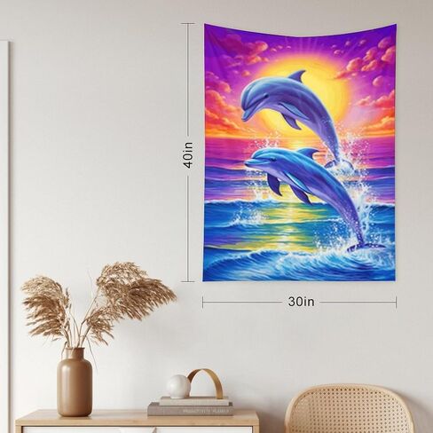 Buyidec Painting Two Dolphins Jumping Water Tapestry Wall Hanging Art Deco Tapestries for Bedroom Living Room Dorm in Saudi Arabia