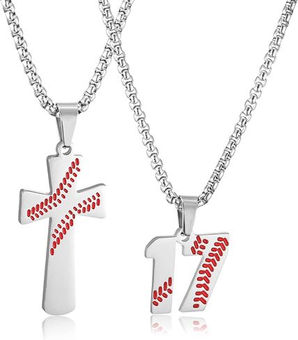 RWQIAN 2PCS Baseball Necklace for Boys Baseball Number Pendant Necklace Stainless Steel Mens Baseball Cross and Number Chain Set,I CAN DO ALL THINGS Strength Bible Verse Cross Necklace Sport Jewelry in Kuwait