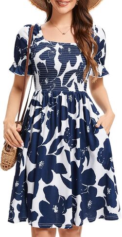 Womens Summer Dress- Square Neck Puff Sleeve Smocked Ruffle Hem A-line Mini Short Dresses in Saudi Arabia
