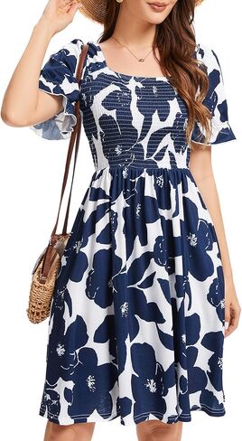 Womens Summer Dress- Square Neck Puff Sleeve Smocked Ruffle Hem A-line Mini Short Dresses in Saudi Arabia
