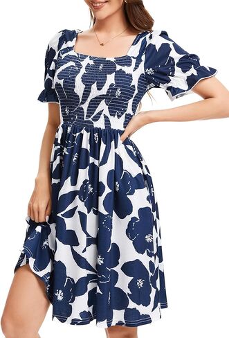 Womens Summer Dress- Square Neck Puff Sleeve Smocked Ruffle Hem A-line Mini Short Dresses in Saudi Arabia
