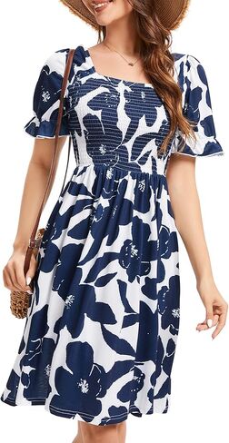 Womens Summer Dress- Square Neck Puff Sleeve Smocked Ruffle Hem A-line Mini Short Dresses in Saudi Arabia