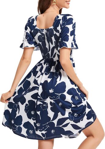 Womens Summer Dress- Square Neck Puff Sleeve Smocked Ruffle Hem A-line Mini Short Dresses in Saudi Arabia