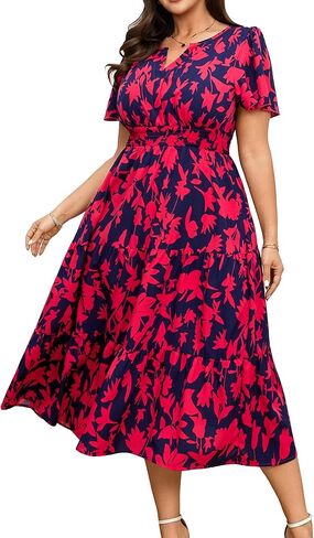 Women's 2026 Plus Size Summer Dress Short Sleeve V Neck Smocked Boho Beach Vacation Wedding Guest Floral Maxi Dresses in Kuwait