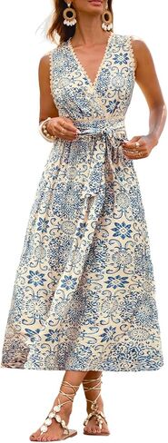 CUPSHE Women's Paisley Floral Maxi Sundress Sleeveless V Neck Lace Trim Dress Summer Vacation Beach Belted Flowy Dresses in Saudi Arabia