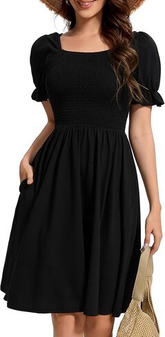 Womens Summer Dress- Square Neck Puff Sleeve Smocked Ruffle Hem A-line Mini Short Dresses in Saudi Arabia