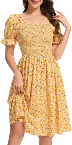Womens Summer Dress- Square Neck Puff Sleeve Smocked Ruffle Hem A-line Mini Short Dresses in Saudi Arabia