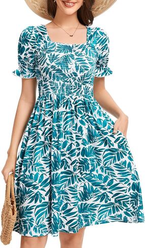 Womens Summer Dress- Square Neck Puff Sleeve Smocked Ruffle Hem A-line Mini Short Dresses in Saudi Arabia