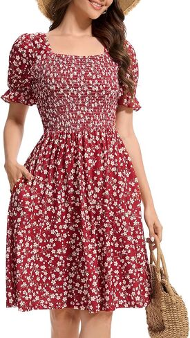 Womens Summer Dress- Square Neck Puff Sleeve Smocked Ruffle Hem A-line Mini Short Dresses in Saudi Arabia