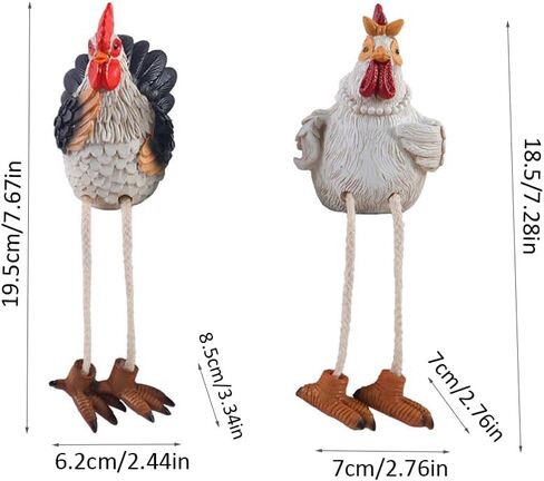 تماثيل دجاج مضحكة جالسة على الرف - تماثيل ديك المزرعة والدجاجة بأرجل متدلية - ديكور منزلي على سطح الطاولة ريفي، مطبخ، زخارف حديقة (مجموعة من 2) in Kuwait