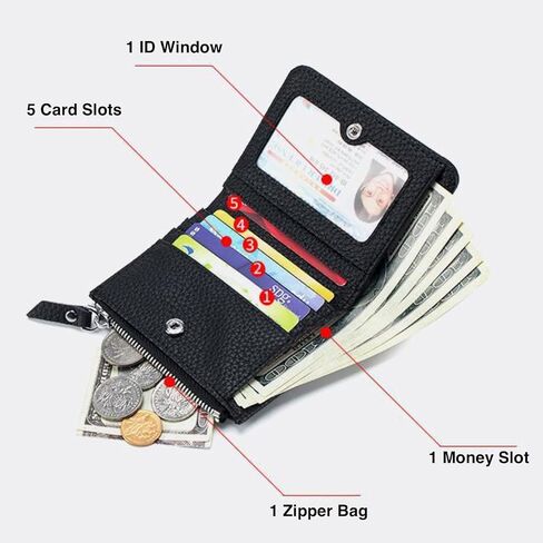 Small Wallet for Women, RFID Blocking Genuine Leather Bifold Zipper Pocket Wallet Credit Card Holder, Small Womens Wallet Purse with ID Window (Black) in Saudi Arabia