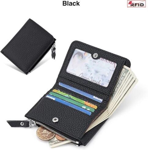 Small Wallet for Women, RFID Blocking Genuine Leather Bifold Zipper Pocket Wallet Credit Card Holder, Small Womens Wallet Purse with ID Window (Black) in Saudi Arabia