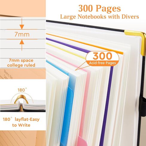 دفتر ملاحظات مكون من 5 موضوعات مع علامات تبويب فواصل قابلة للإزالة، 300 صفحة من الجلد بغلاف مقوى حلزوني مسطرة للكلية، دفاتر ملاحظات كبيرة مقاس 8 × 10 بوصة B5 لمدرسة العمل، مجلة مبطنة للنساء، أسود in Kuwait