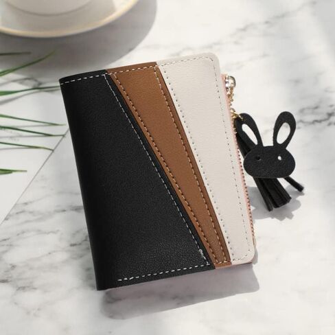 Ladies' color blocked wallet with rabbit pendant and tassel -5 card slots, photo slot, large cash slot and zipper pocket, PU-leather, 12x9.5 cm (black, pink, blue) (Blue) in Saudi Arabia