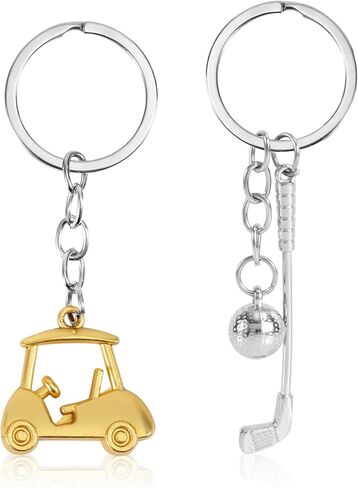 2pcs Golf Keychain, Zinc Alloy Golf Cart & Club Key Chain Sparklely Stylish Charm Keyring Sport Themed Bag Accessories for Men Women (Gold) in Saudi Arabia