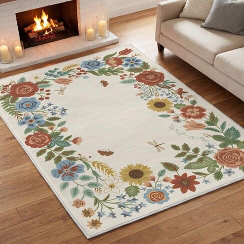 Artoid Mode Beige Sunflower Floral Spring Area Rug, Summer Home Decor Low-Profile Non-Slip Washable Large Rug for Living Room Bedroom Farmhouse Dining Room Kids Playroom 5x7 Feet in Saudi Arabia