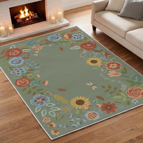 Artoid Mode Beige Sunflower Floral Spring Area Rug, Summer Home Decor Low-Profile Non-Slip Washable Large Rug for Living Room Bedroom Farmhouse Dining Room Kids Playroom 5x7 Feet in Saudi Arabia