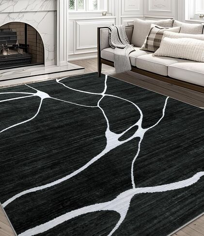 YIHOUSE Area Rug Washable 8'x10'- Rug for Living Room Bedroom Large Abstract Black and White Rug Non-Slip Ultra-Thin Home Decor,Black Warping,8x10ft in Kuwait
