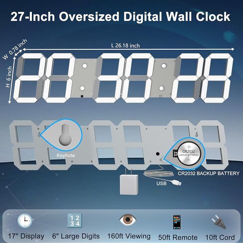 ساعة حائط رقمية كبيرة 27 بوصة مع جهاز تحكم عن بعد، ساعة LED ثلاثية الأبعاد مؤقت سطوع قابل للتعديل 12/24 ساعة وقت/تاريخ/درجة حرارة لغرفة المعيشة/المكتب/المطعم in Kuwait