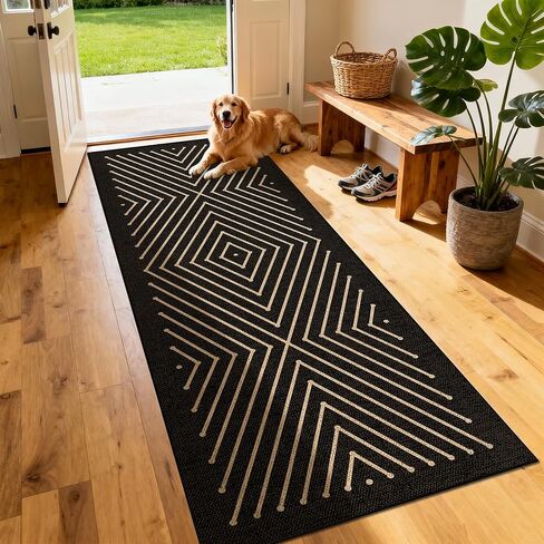 Washable Modern Geometric Easy Jute Rug, 5x7 Neutral Black Boho Outdoor Indoor Patio Farmhouse Large Area Rugs, Woven Lightweight Non Slip Carpet Mat for Living Dining Room Bedroom Classroom Backyard in Saudi Arabia