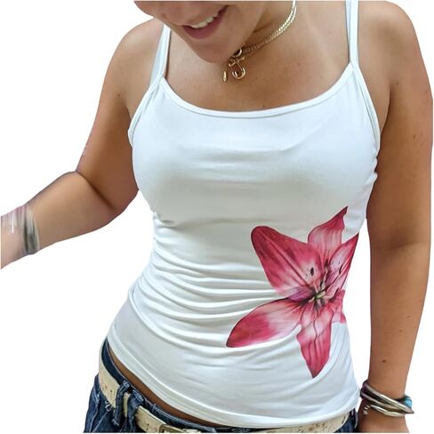 Women Y2k Floral Tank Top Scoop Neck Sleeveless Slim Fit Going Out Basic Tees Vintage Spaghetti Strap Camisole in Kuwait