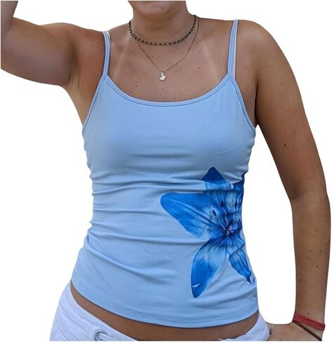 Women Y2k Floral Tank Top Scoop Neck Sleeveless Slim Fit Going Out Basic Tees Vintage Spaghetti Strap Camisole in Saudi Arabia
