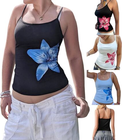 Women Y2k Floral Tank Top Scoop Neck Sleeveless Slim Fit Going Out Basic Tees Vintage Spaghetti Strap Camisole in Saudi Arabia