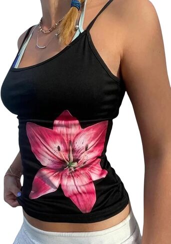 Women Y2k Floral Tank Top Scoop Neck Sleeveless Slim Fit Going Out Basic Tees Vintage Spaghetti Strap Camisole in Saudi Arabia