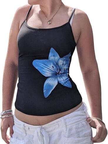 Women Y2k Floral Tank Top Scoop Neck Sleeveless Slim Fit Going Out Basic Tees Vintage Spaghetti Strap Camisole in Saudi Arabia