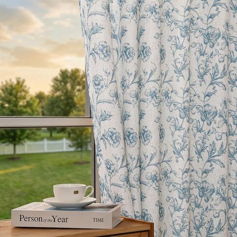XWZO Blue Floral Curtains 84 Inch Length Farmhouse Linen Curtain for Living Room Vintage Flower Botanical Patterned Curtains Rod Pocket Back Tab Bedroom Window Drapes Set 2 Panels in Kuwait