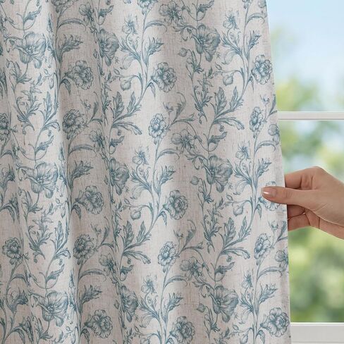 XWZO Blue Floral Curtains 84 Inch Length Farmhouse Linen Curtain for Living Room Vintage Flower Botanical Patterned Curtains Rod Pocket Back Tab Bedroom Window Drapes Set 2 Panels in Kuwait