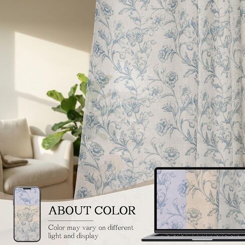 XWZO Blue Floral Curtains 84 Inch Length Farmhouse Linen Curtain for Living Room Vintage Flower Botanical Patterned Curtains Rod Pocket Back Tab Bedroom Window Drapes Set 2 Panels in Kuwait