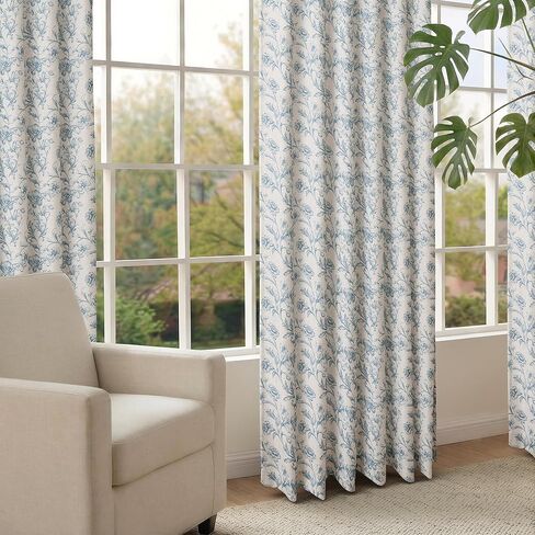 XWZO Blue Floral Curtains 84 Inch Length Farmhouse Linen Curtain for Living Room Vintage Flower Botanical Patterned Curtains Rod Pocket Back Tab Bedroom Window Drapes Set 2 Panels in Kuwait