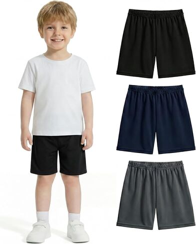 3 عبوات من 2T-6Y شورت رياضي للأولاد الصغار شورت للشاطئ كاجوال للأولاد شبكي لكرة السلة وكرة القدم بطول الركبة in Kuwait